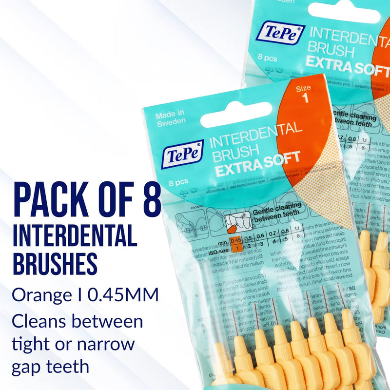 TEPE Extra Soft Interdental Brush Cleaners – Dental Brushes Between Teeth 8 Pk, Orange 0.45mm