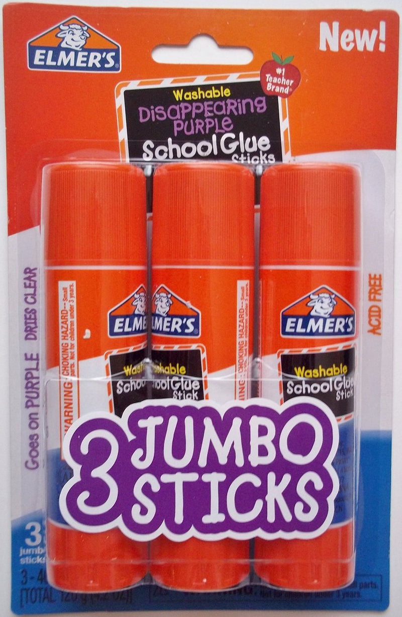 Elmers Jumbo Disappearing Purple School Glue Stick, 1.4 Ounce, 2 Packs of 3 Sticks, 6 Sticks Total