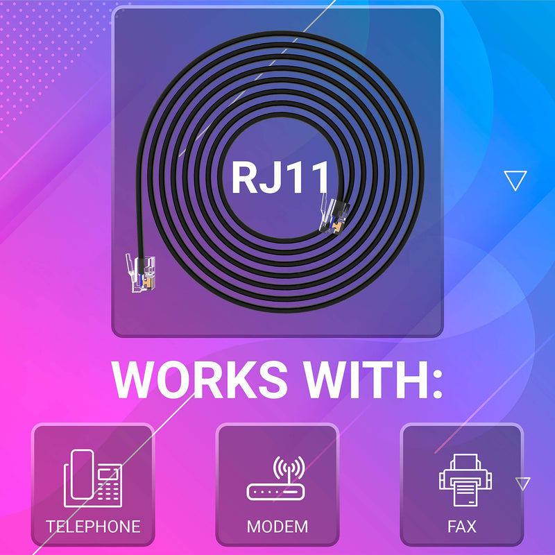 RJ11 Cable Phone Cord for Landline & Telephone Cord for RJ11 to RJ11 Devices – Smooth, Clear Connections & Optimum Quality – Durable Phone Cable with 4 Gold-Plated Contact Pins (Black, 30ft) by G-PLUG Black