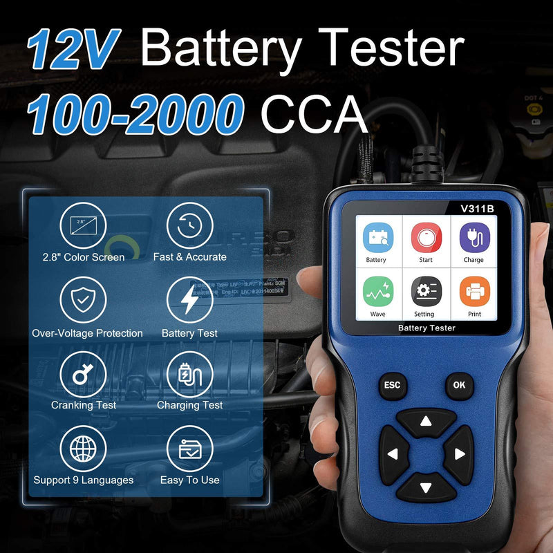 LNEX Car Battery Tester , 2.8'' LCD Color Screen, 100-2000CCA Fast Accurate 12V Battery Load Tester, Cranking and Charging System Digital Battery Analyzer for Car Truck Motorcycle ATV SUV Boat Yacht