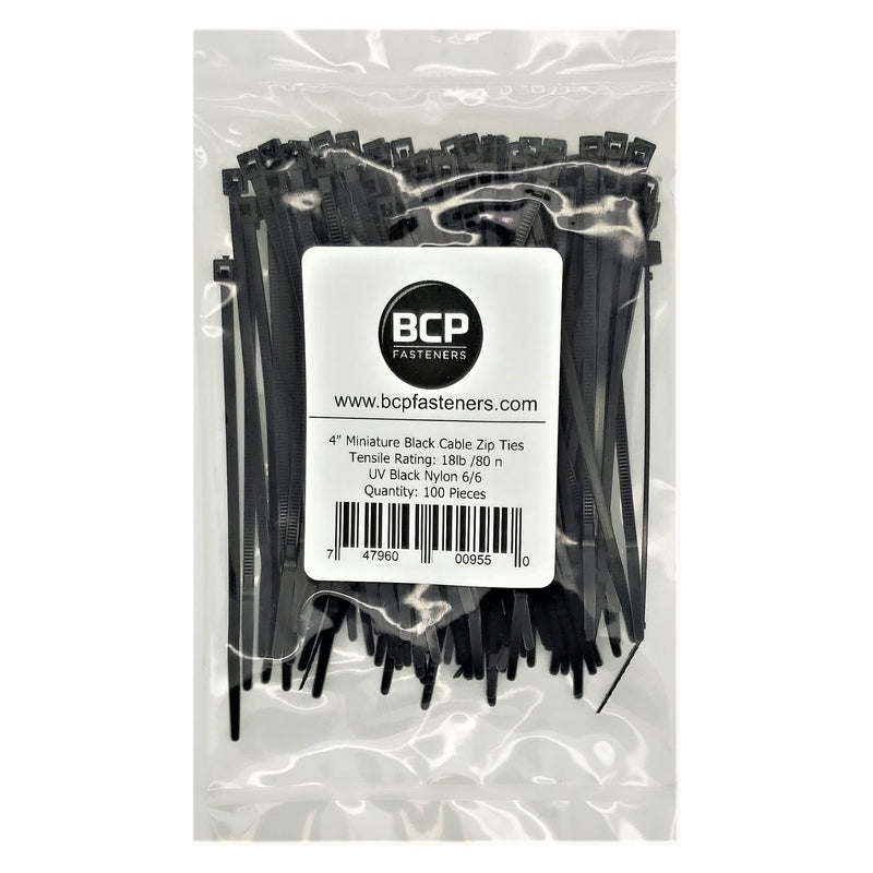 100 Qty 4 Inch Black Nylon 18 lb Cable Zip Ties | Made in The USA | BCP895