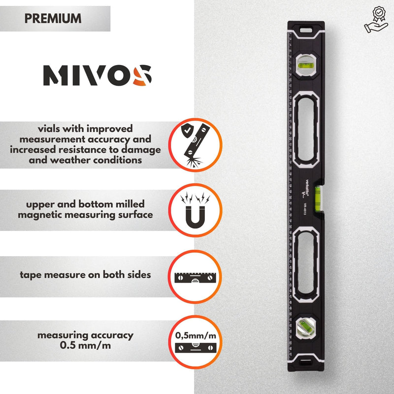 MIVOS - Aluminum spirit level 60cm with magnet system and aluminum housing - Spirit level with 3 levels - High accuracy - Magnetic spirit level 600 mm