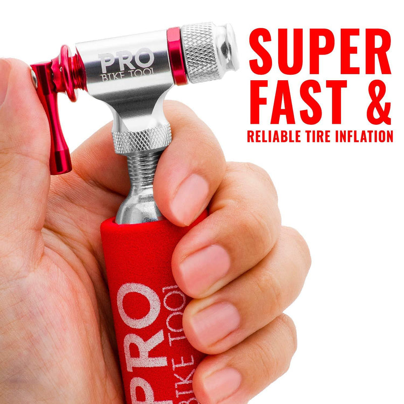 PRO BIKE TOOL CO2 Inflator - Quick & Easy - Presta and Schrader Valve Compatible - Bicycle Tire Pump for Road and Mountain Bikes - Insulated Sleeve - No CO2 Cartridges Included Red