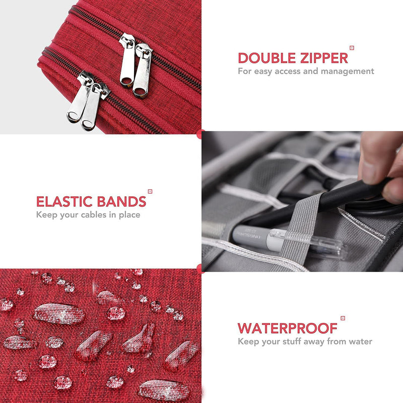 Electronic Organizer Travel Universal Cable Organizer Electronics Accessories Cases for Cable, Charger, Phone, USB, SD Card,1Pack Red Triple Layer /11.02" x 8.27" x 3.94"
