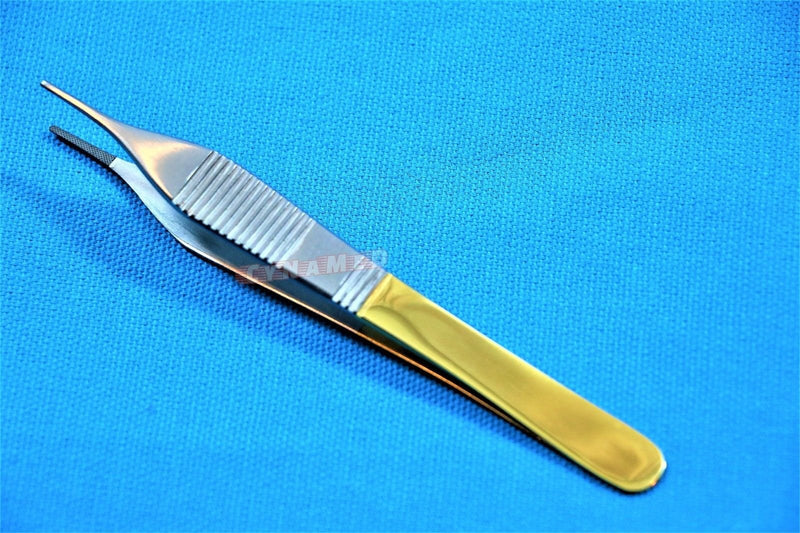 New German Grade Adson Dressing Forceps Micro 4.75" with Tungsten Carbide Inserts and Gold Handle Premium Dental Surgical Instruments Cynamed
