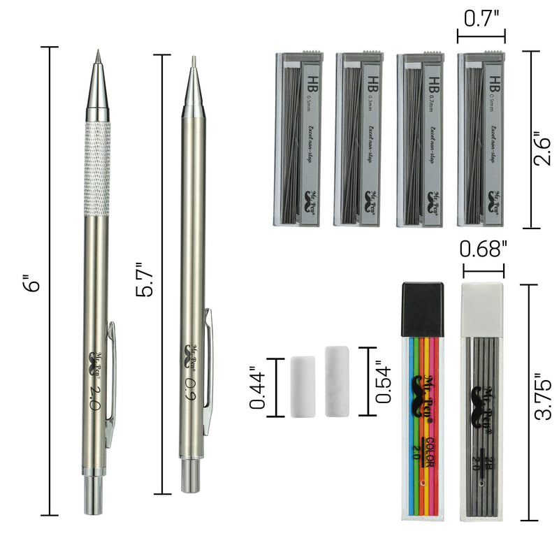 Mr. Pen- Metal Mechanical Pencil Set with Lead and Eraser Refills, 5 Sizes, 0.3, 0.5, 0.7, 0.9, 2mm, Drafting, Sketching, Architecture, Drawing Mechanical Pencils, Metal Mechanical Pencils