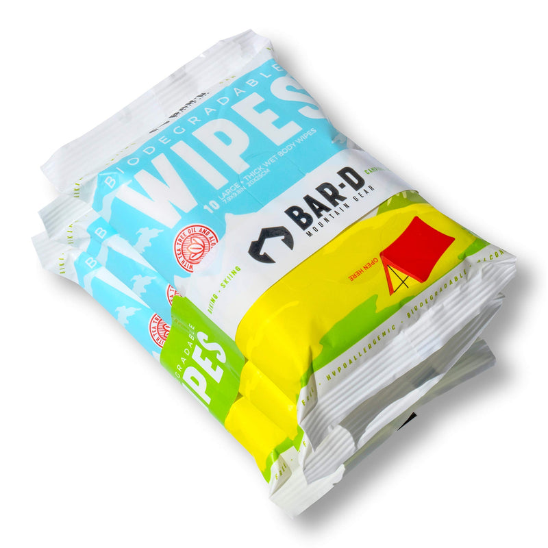 Bar-D Biodegradable Body Wipes with Tea Tree Oil & Aloe Vera - Refreshing Wet Wipes great for Camping, Hiking, Backpacking, Festivals, Post Workout and Travel (3-Pack, 10 wipes/pack)