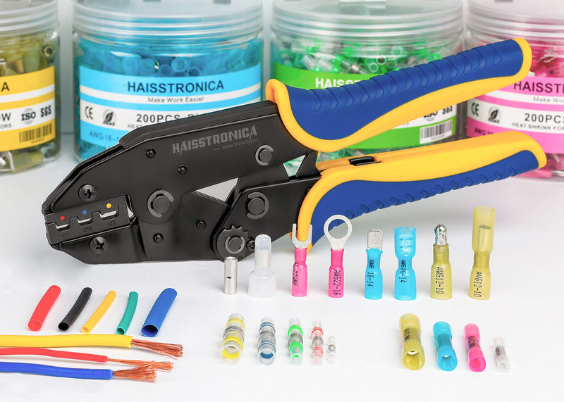 haisstronica Crimping Tool For Heat Shrink Connectors-AWG 22-10 Ratchet Wire Terminal Crimper-Ratcheting Crimper Tools-Available For Insulated Nylon Connectors and Electrical Wire Connectors HS-8327