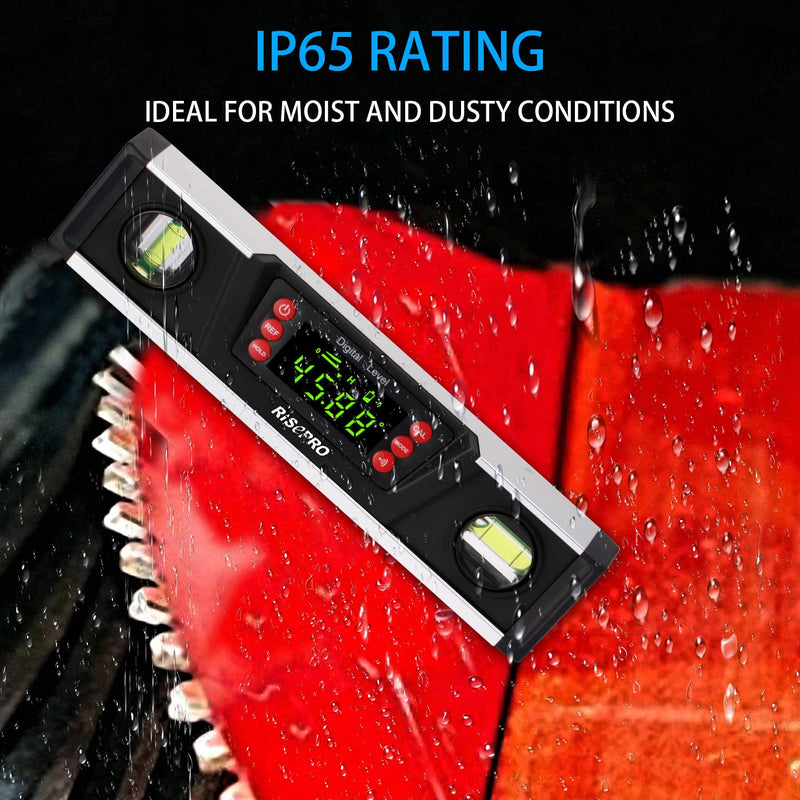 Digital Magnetic Spirit Level and Protractor - RISEPRO 10" IP54 Protected Electronic Bubble Inclinometer, Angle Finder, Gauge with Large VA Display and V-Groove Base DL135-B Black