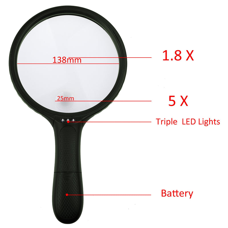 KARE and Kind Extra Large 3 LED Handheld Magnifying Glass with Dual Glass - Magnifier for Senior Reading, Hobbies and Crafts, Computer Repair and Jewelry Loupe (1.8X 138 mm, 5X 25 mm) 3 Led - 1.8x
