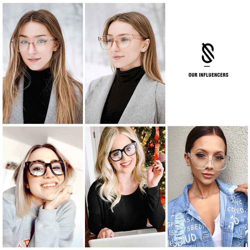 SOJOS Oversized Square Anti Blue Light Blocking Glasses for Women Thick Computer Eyeglasses Double Metal Studs SJ5053 C03 Crystal Pink Frame Anti-Blue Light Lens