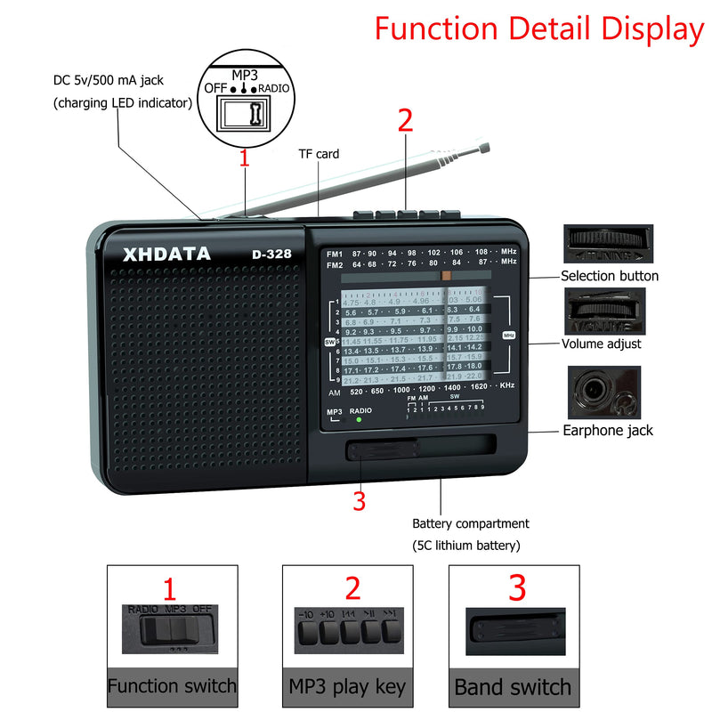 XHDATA D-328 Shortwave AM FM DSP Portable Small Multi Band Radio Stereo MP3 Player with Rechargeable Battery Earphone Jack Portable Multimedia Speaker with USB Micro SD Card Jack (Black) Black