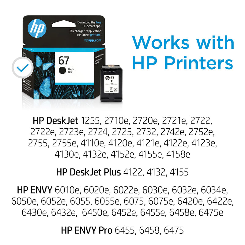 Original HP 67 Black Ink Cartridge | Works with HP DeskJet 1255, 2700, 4100 Series, HP ENVY 6000, 6400 Series | Eligible for Instant Ink | 3YM56AN