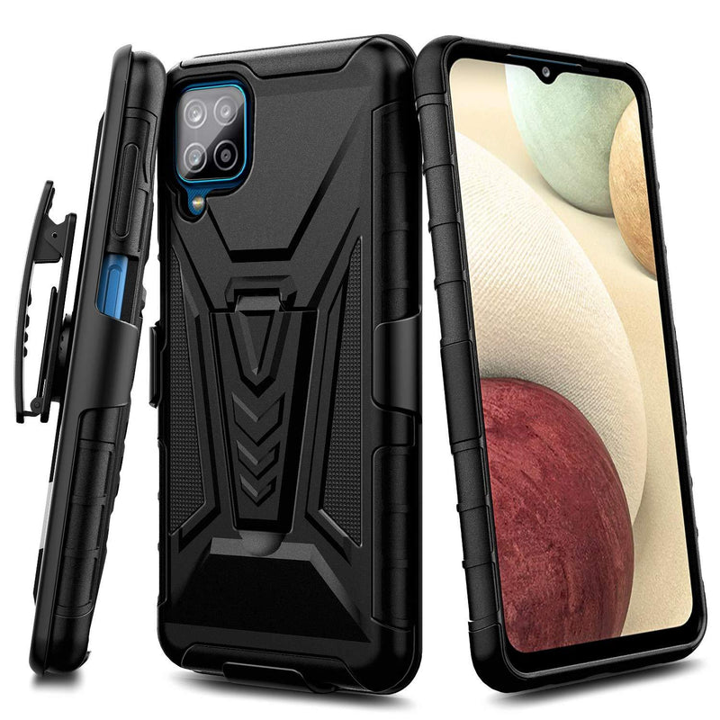 NZND Case for Samsung Galaxy A12 with Tempered Glass Screen Protector (Full Coverage), Belt Clip Holster with Built-in Kickstand, Heavy Duty Protective Shockproof Armor Defender Rugged Case -Black Black