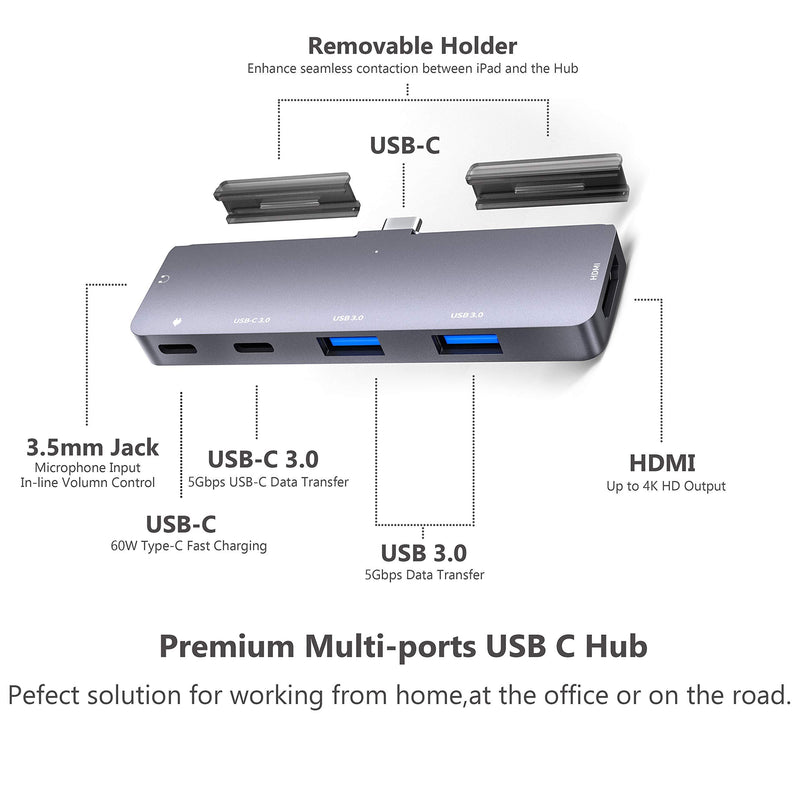 USB C HUB for iPad Pro 11/12.9 2021 2020 2018/iPad Air 4, 6in1 USB C Hub with 4K HDMI,3.5mm Headphone Jack,2 USB3.0,USB C PD Charging&Data,USB C Earphone Jack,Adapter for iPad Pro,MacBook 6in1 USB C Hub Space Grey
