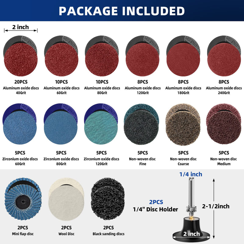 Tanzfrosch 102Pcs Roloc Sanding Discs Set 2 inch Quick Change Disc with 1/4 inch Holder Surface Conditioning Disc for Die Grinder Surface Prep Strip Grind Polish Burr Finish Rust Paint Removal 108