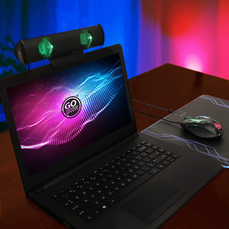 GOgroove SonaVERSE LED Speaker for Laptop Computer - USB Powered Clip-On Sound Bar with Mini Portable External Speaker Design for Monitor, Back Switch for Power - Audio Input and Power (Green) Green