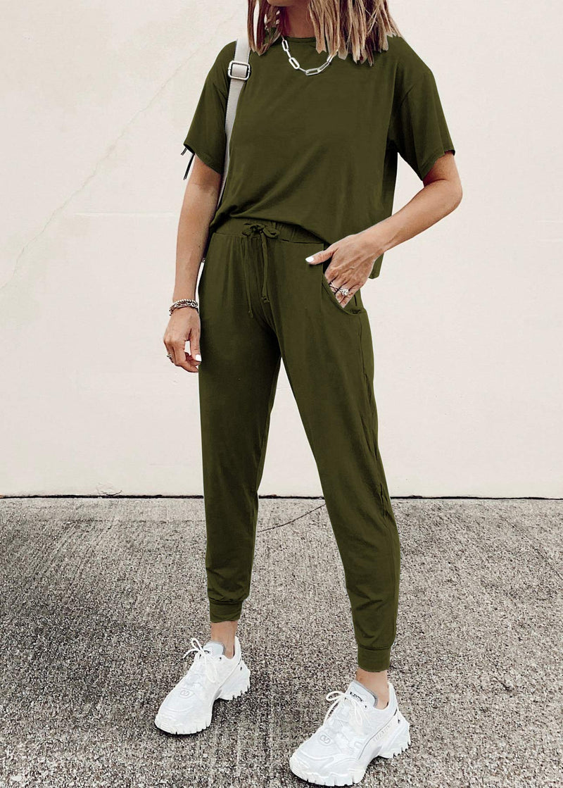 PRETTYGARDEN Women’s Two Piece Outfit Short Sleeve Pullover With Drawstring Long Pants Tracksuit Jogger Set Army Green Small