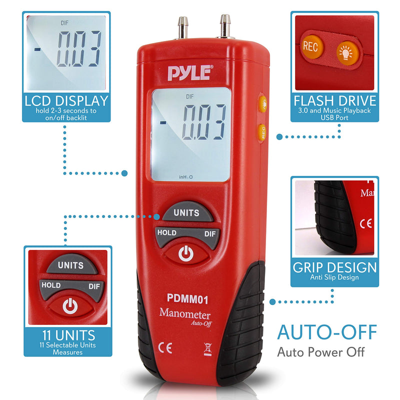 Manometer 11 Unit of Pressure - Meters Digital Measurement Maximum 10 PSI Data Hold & Error Code Measure Gauge Differential Gas Tester - Large LCD Backlit Dual Display w/Auto Power Off - PYLE PDMM01