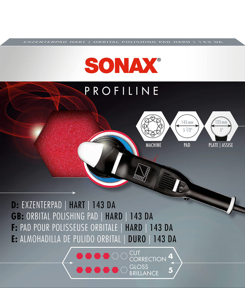 SONAX Eccentric Pad hard 143 DA (1 piece) hard fine-pored polishing disc for abrasive polishing of scratched and weathered vehicle paintwork, item no. 04934000 SONAX Eccentric Pad hard 143 DA