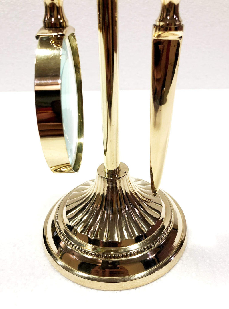 Set of 2 Decorative Shiny Brass Magnifying Glass & Letter Opener with Brass Stand