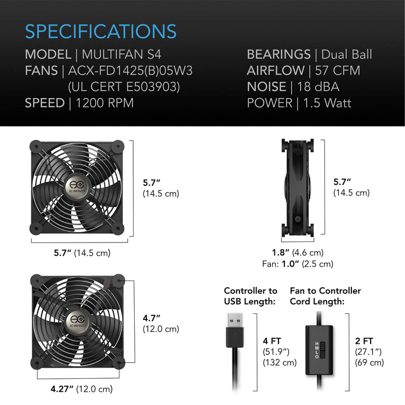 AC Infinity MULTIFAN S4, Quiet 140mm USB Fan, UL-Certified for Receiver DVR Playstation Xbox Computer Cabinet Cooling