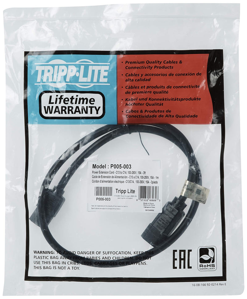 TRIPP LITE P005-003 Heavy Duty Power Extension Cord 15A 14AWG C14 to C13, 3-Feet Black 3 ft.