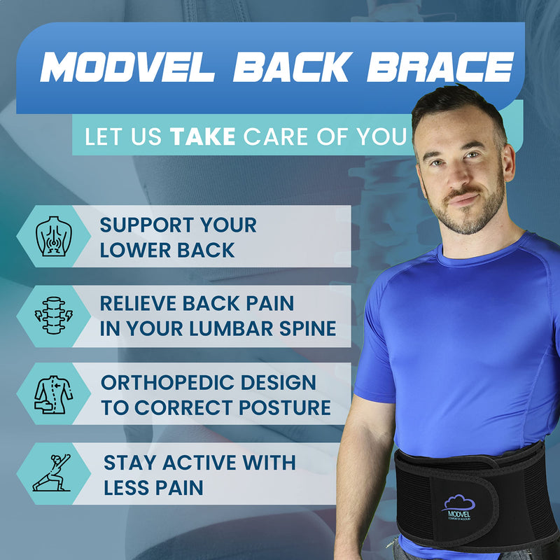 MODVEL Back Brace - Immediate Relief from Back Pain, Herniated Disc, Sciatica, Scoliosis | FSA or HSA eligible | Breathable Waist Lumbar Lower Back Support Belt with Removable Pad. Black Small/Medium/Large