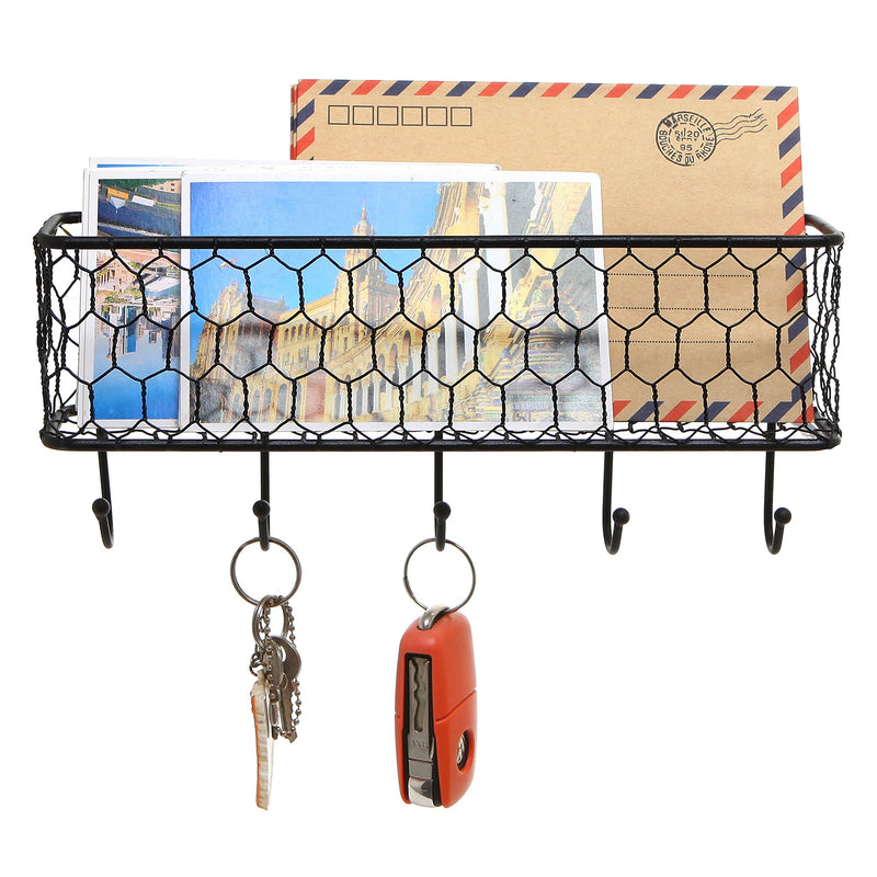 Modern Black Metal Wall Mounted Key and Mail Sorter Storage Rack w/Chicken Wire Mesh Basket