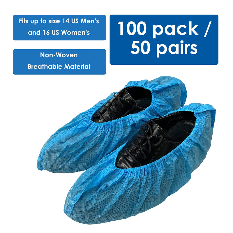 Buena Goods 100 Pack Extra Large Disposable Blue Boot & Shoe Covers. Reusable Premium Water Resistant Durable Booties with Non Slip Treads for Indoor Use. Fits US Men's Size 14 & Women's 16 Shoe Size