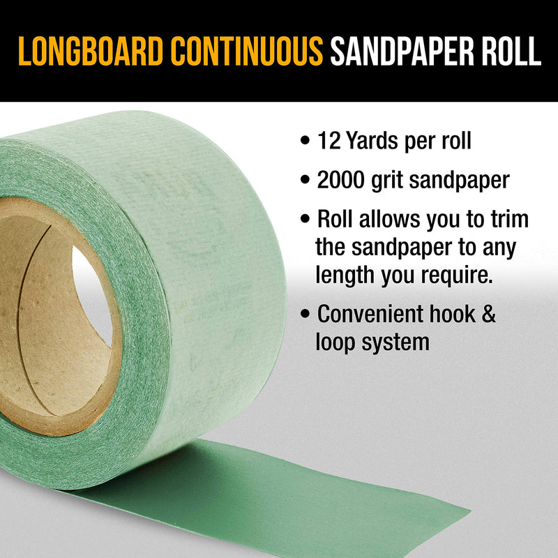 Dura-Gold Premium - 2000 Grit Green Film - Hook & Loop Backing Longboard Continuous Sandpaper Roll, 2-3/4" Wide, 12 Yards Long - For Automotive Detailing, Fine Color Sanding, Long Board Sander Blocks 2000-Grit
