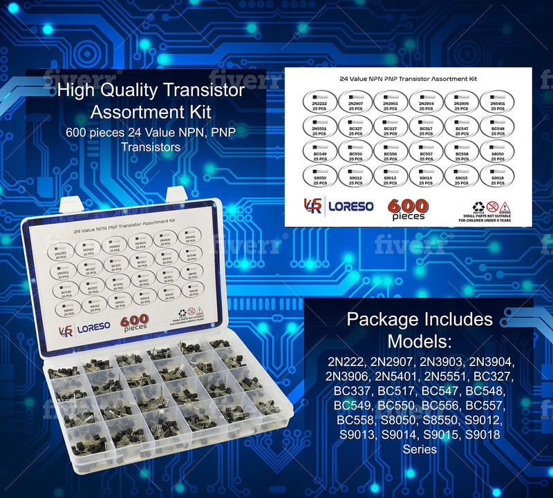 Transistor Assortment Kit Box by Loreso - 600 Piece 24 Value NPN PNP Transistor Box 2N2222 2N2907 BC327 BC337 BC556 2N3903 S9012 for Hobby Electronics, Audio-Video, Repair & Electronic Projects