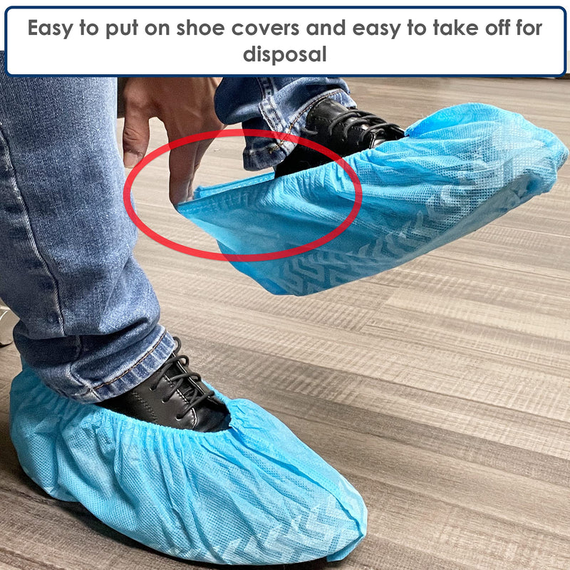 Buena Goods 100 Pack Extra Large Disposable Blue Boot & Shoe Covers. Reusable Premium Water Resistant Durable Booties with Non Slip Treads for Indoor Use. Fits US Men's Size 14 & Women's 16 Shoe Size