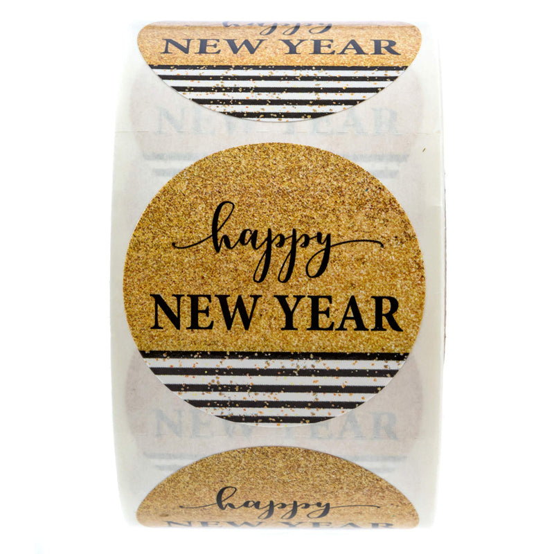 Black & Gold Happy New Year Stickers/500 New Year Labels/Happy New Year Faux Glitter Sticker