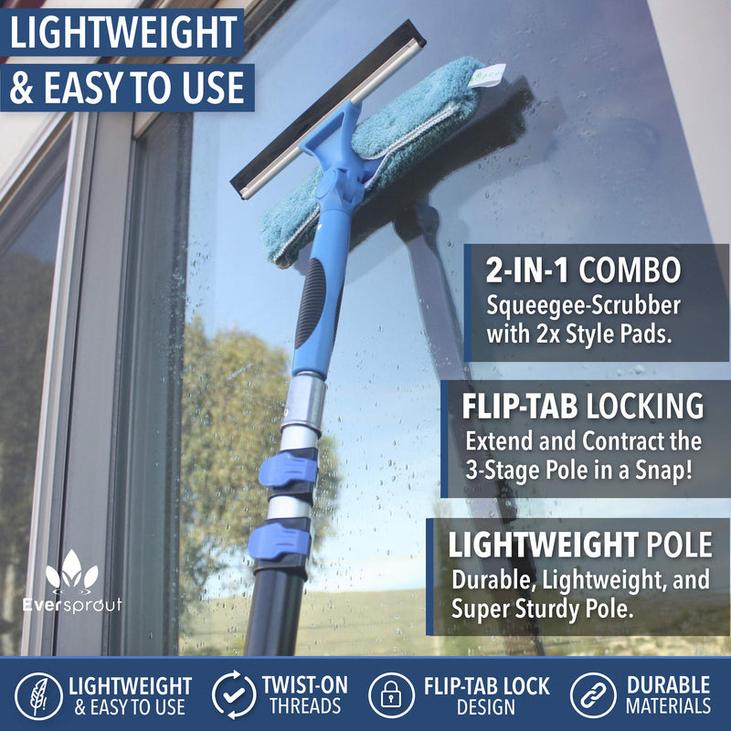EVERSPROUT 1.5-to-4 Foot Swivel Squeegee and Microfiber Window Scrubber (8-10 Ft Standing Reach) | 2-in-1 Window & Glass Cleaning Combo | Lightweight, Aluminum Extension Pole | Includes 10-inch Blades