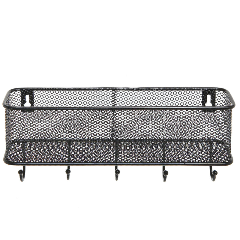 MyGift Wall Mounted Modern Black Metal Entryway Mesh Mail Basket Storage Rack with 5 Key Hook