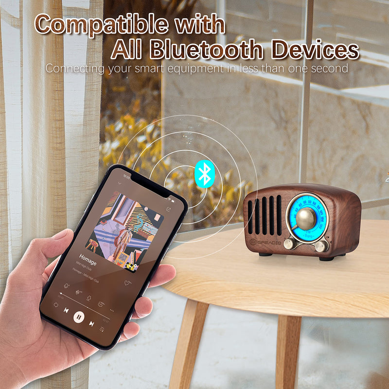 Vintage Radio Retro Bluetooth Speaker- Greadio Walnut Wooden FM Radio with Old Fashioned Classic Style, Strong Bass Enhancement, Loud Volume, Bluetooth 4.2 Wireless Connection, TF Card & MP3 Player