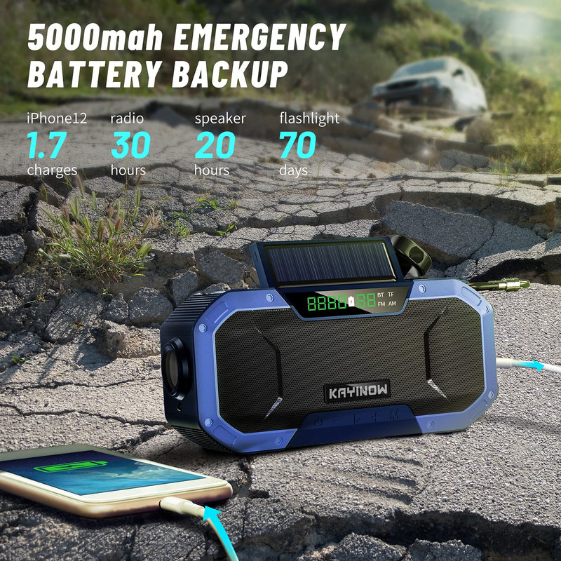 Auto Scan Digital AM FM WB NOAA Weather Radio,Portable Hand Crank Radio with Loud Stereo Bluetooth Speaker,Waterproof Wind Up Solar Emergency Radio,5000mAh Cell Phone Charger,Flashlight,Battery Backup