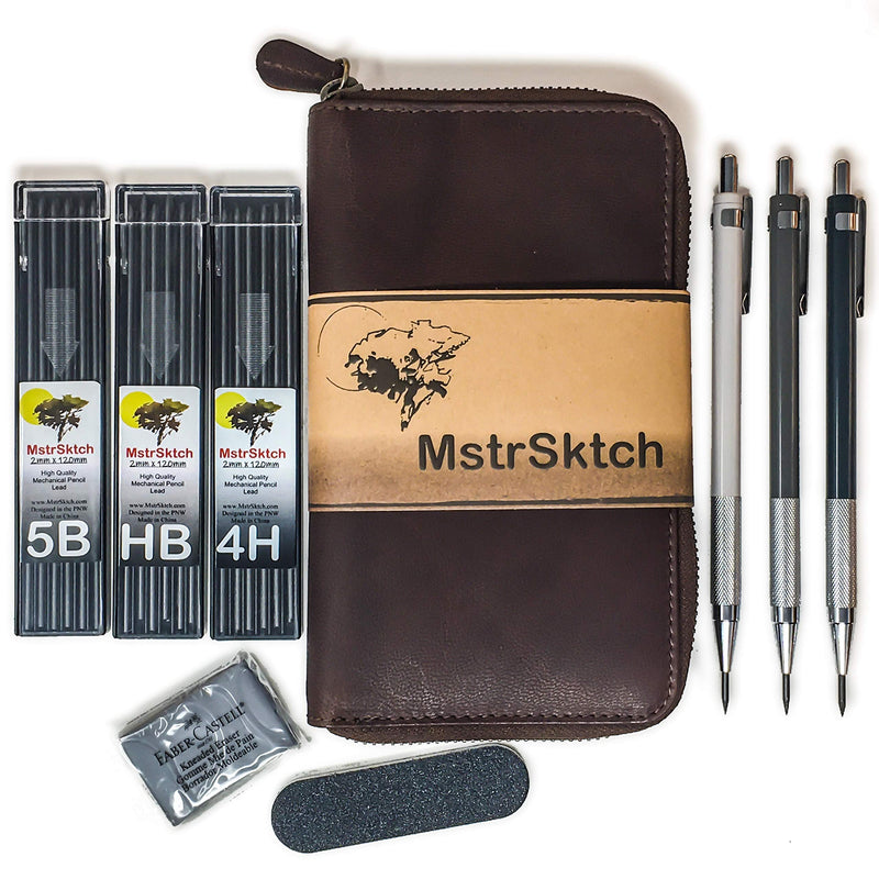 MstrSktch Drawing Mechanical Pencils for Artists - 9pc Leather Set