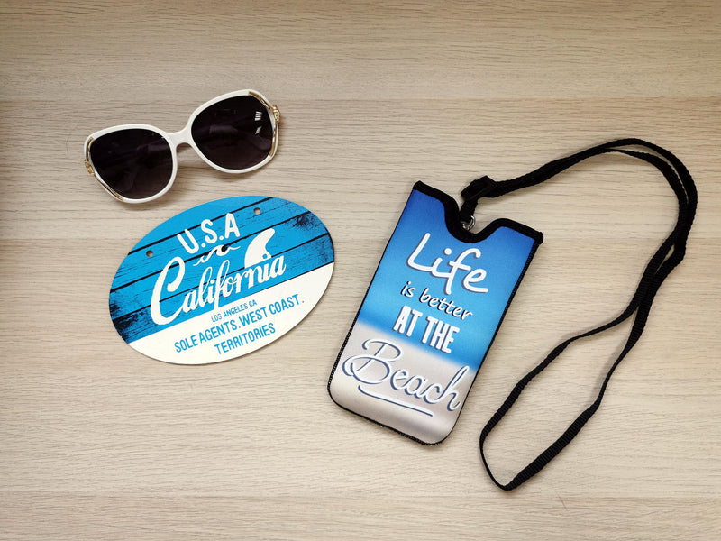 Tainada Men Women Neoprene Shockproof Phone Sleeve Pouch Carrying Case with Neck Lanyard, Belt Loop Holster for iPhone 13 / 12, 13 / 12 Pro Max, 11, Samsung S21, A52, Google Pixel 5a 5G (Beach Quote) Beach Quote