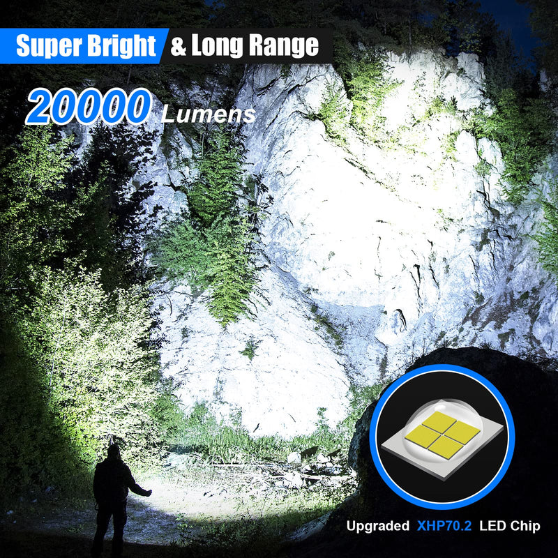 Flashlight High Lumens Rechargeable, Goreit 20000 Lumen Led Flashlights XHP70.2 USB Super Bright Flash Light, High Powered Handheld Flashlights for Emergencies Camping, IP67 Waterproof, Zoomable Black