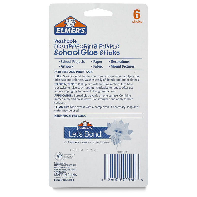 Elmer's Disappearing Purple School Glue, Washable, 6 Pack, 0.21-ounce sticks 6-Pack Standard Packaging