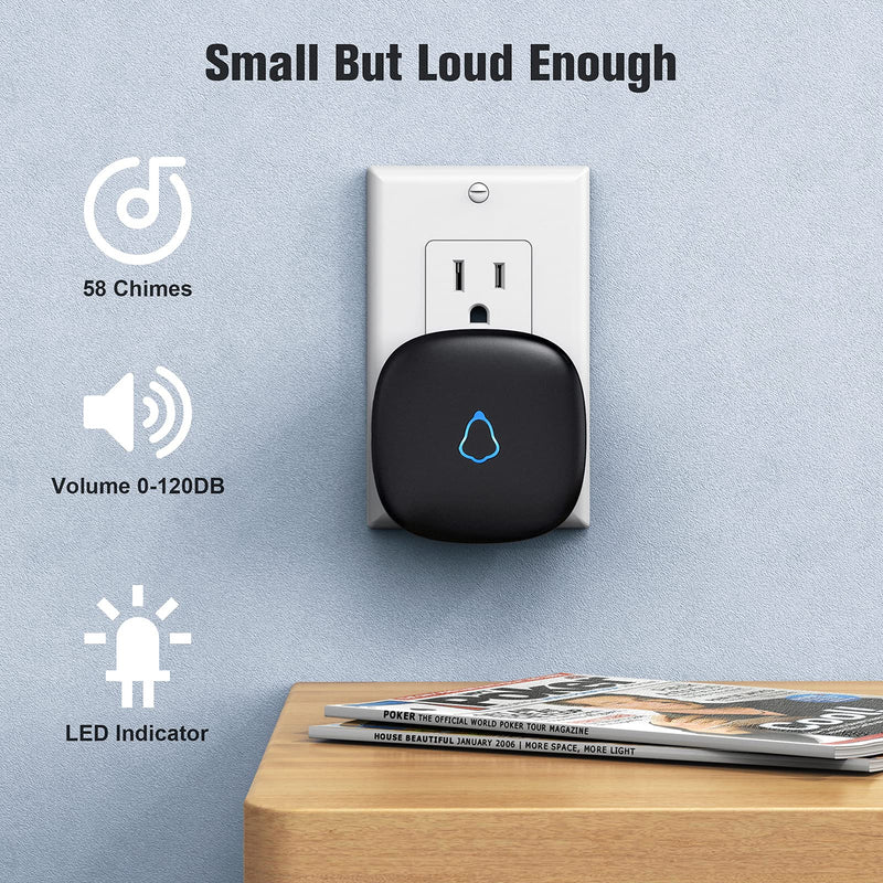 SECRUI Wireless Doorbell with 2 Receivers, Waterproof Mini Doorbell 1,000ft Range 110dB Mute Mode 58 Door Chimes & Colorful LED Flashing - Black 1 Push Button 2 Receivers
