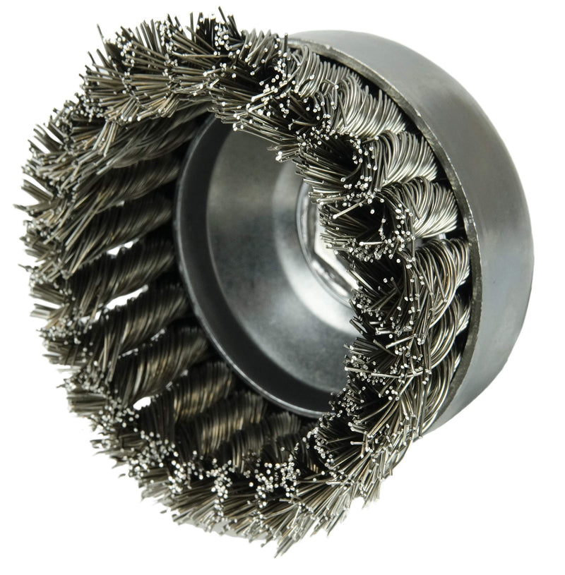 Weiler 12416 4" Single Row Knot Wire Cup Brush, .023" Stainless Steel Fill, 5/8"-11 UNC NUT, Made in the USA 4" Dia .023" Wire Size x 1-1/4" Trim Length