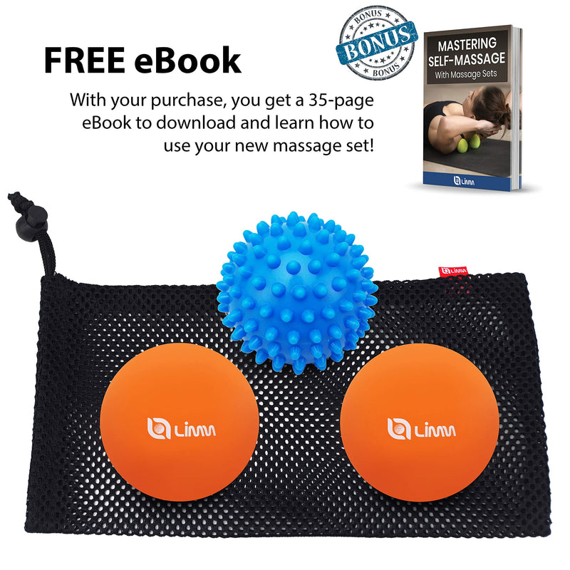Limm Massage Ball Set - Spiky & Lacrosse Ball - Massage Ball Therapy for Plantar Fasciitis & Pain Relief - Deep Tissue Trigger Point Myofascial Release Ball for Back, Foot, Shoulder & Neck Pain One Blue Spiky & Two Orange Balls