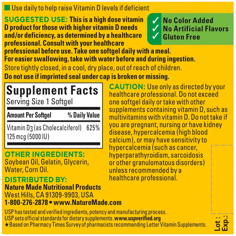 Nature Made Extra Strength Vitamin D3 5000 IU (125 mcg), Dietary Supplement for Immune Support, 90 Softgels, 90 Day Supply 90 Count (Pack of 1)