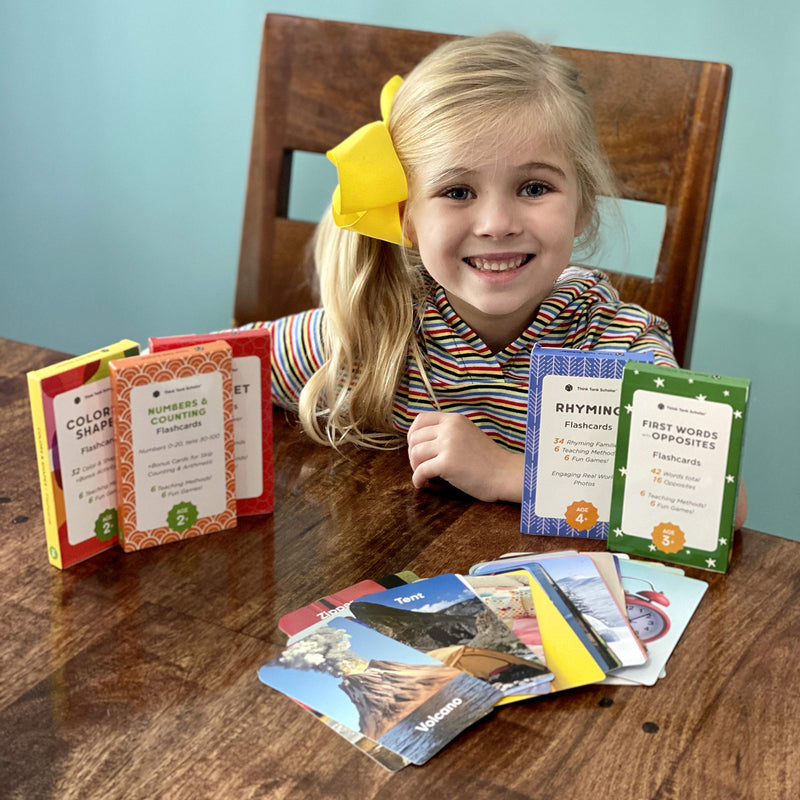 Think Tank Scholar Preschool Flash Cards Bundle - Alphabet (ABC) Letters, Math Numbers & Counting, Colors & Shapes, First Words & Opposites, & Rhyming for Toddlers Ages 2-6