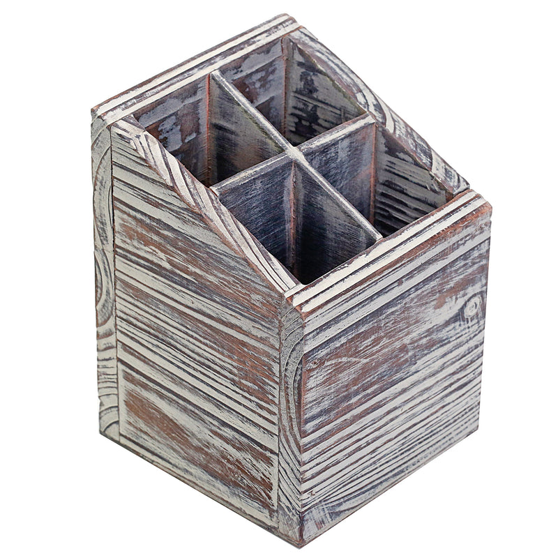 MyGift Rustic Torched Wood 4 Slot Pen Pencil Holder, Square Desktop Office Supply Storage Box