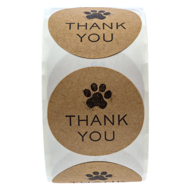 1.5" Round Kraft Paw Print Thank You Stickers / 500 Dog Paw Print Thank You Labels per Roll