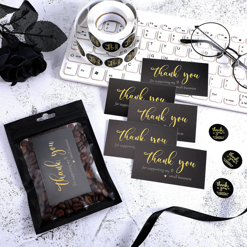 620 Pieces Thank You Cards and Stickers Set Thank You Gold Foil Stickers Thank You for Supporting My Small Business Stickers with Resealable Packaging Bag, Suitable for Business Owners (Black) Black